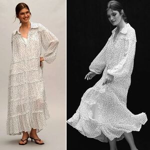 NWT, Anthropologie, Long-Sleeve Smocked Tiered Polka Dot Maxi Dress